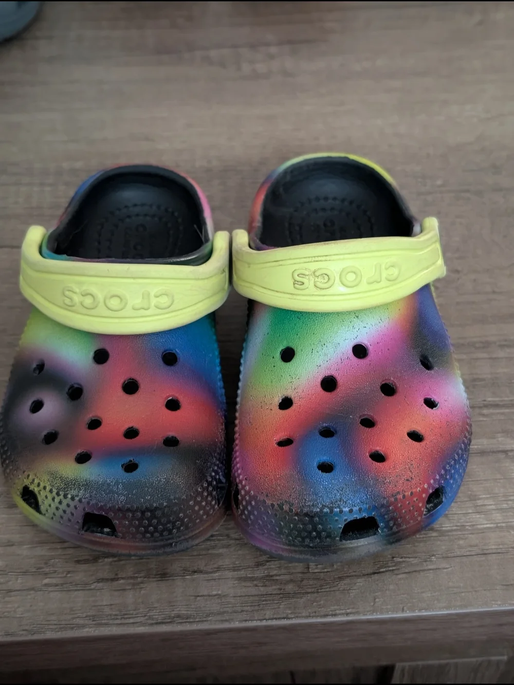 CROCS Kids Rainbow Tie-Dye Clogs with Yellow Straps